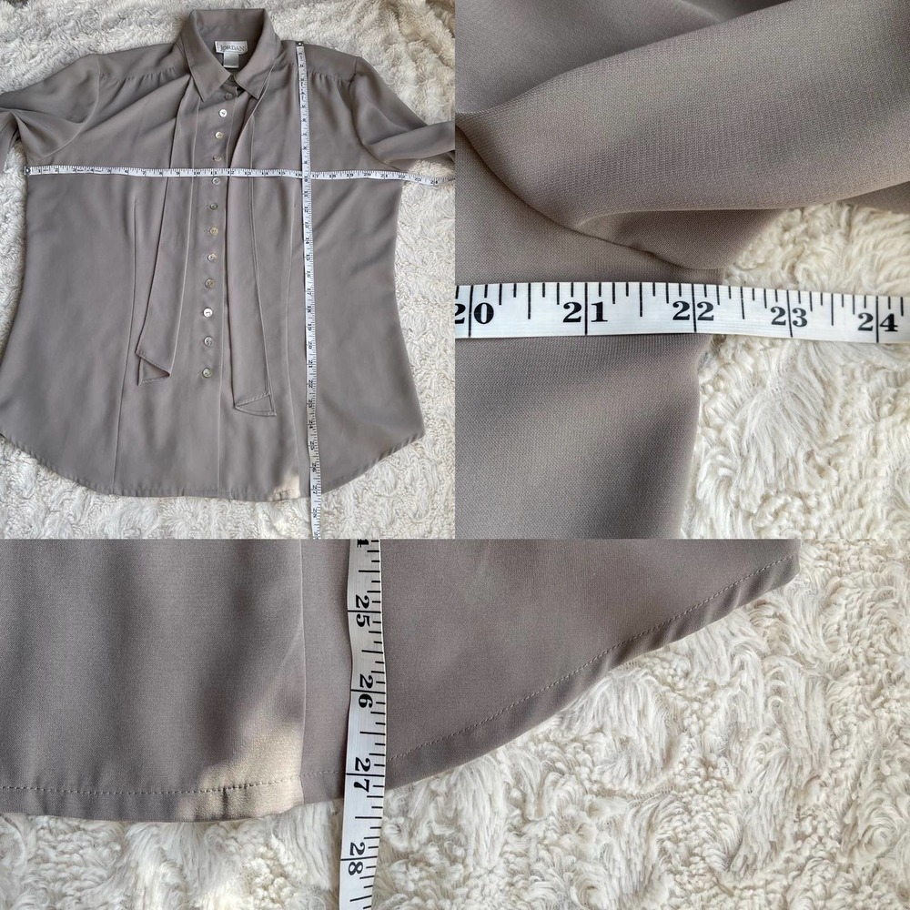 Vintage dove grey pussy bow tie neck blouse secretary 90s taupe long sleeve L - Picture 5 of 17